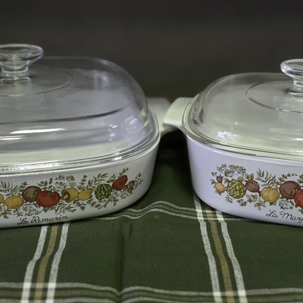 White Glass Casserole Dish with Colorful Vegetable Border
